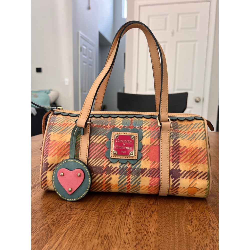 Dooney & Bourke Plaid Coated Canvas Barrel Bag Multicolor Scalloped Trim Satchel - Picture 1 of 16